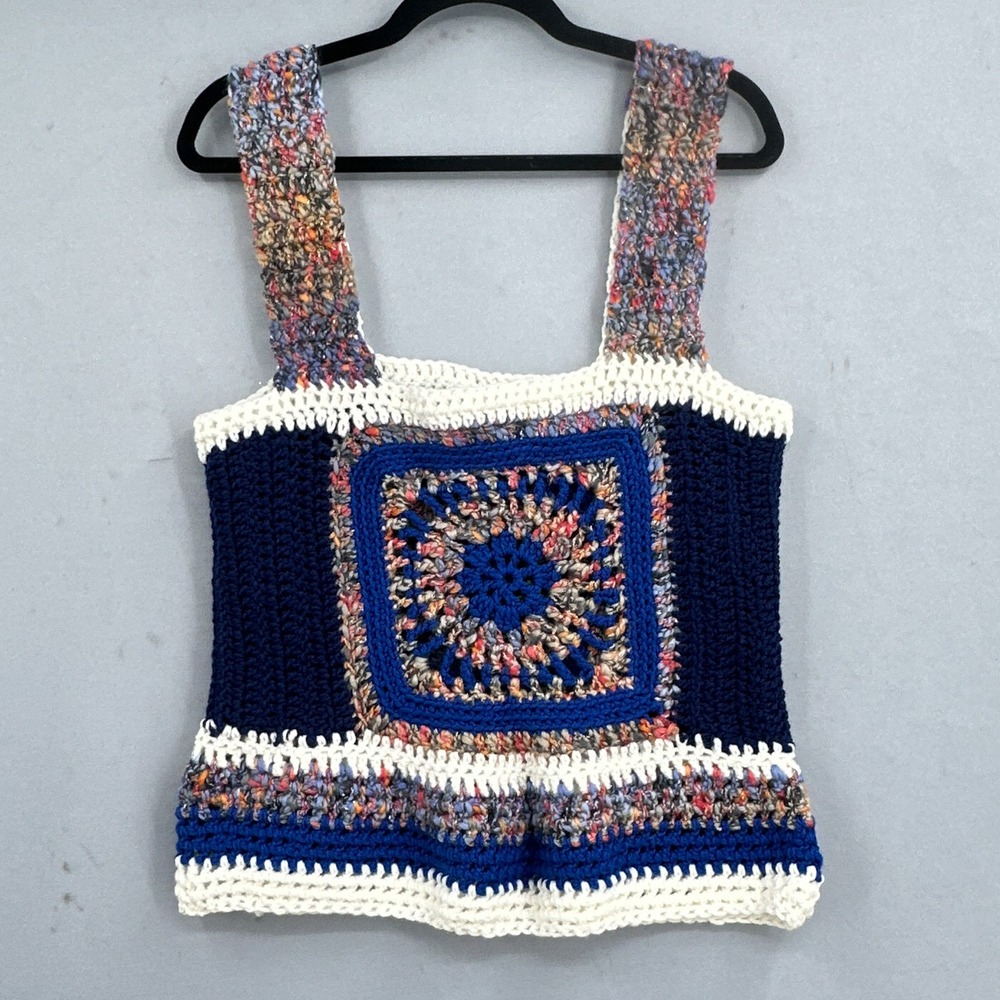 Handmade Crochet Tank Top Small Granny Square Blue Multicolor Boho Festival Y2K
